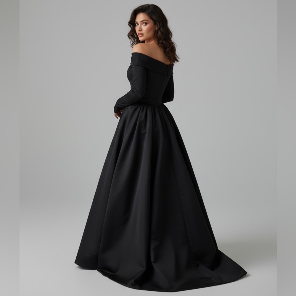 Elegant Off-the-Shoulder Long Black Evening Dress•XXL